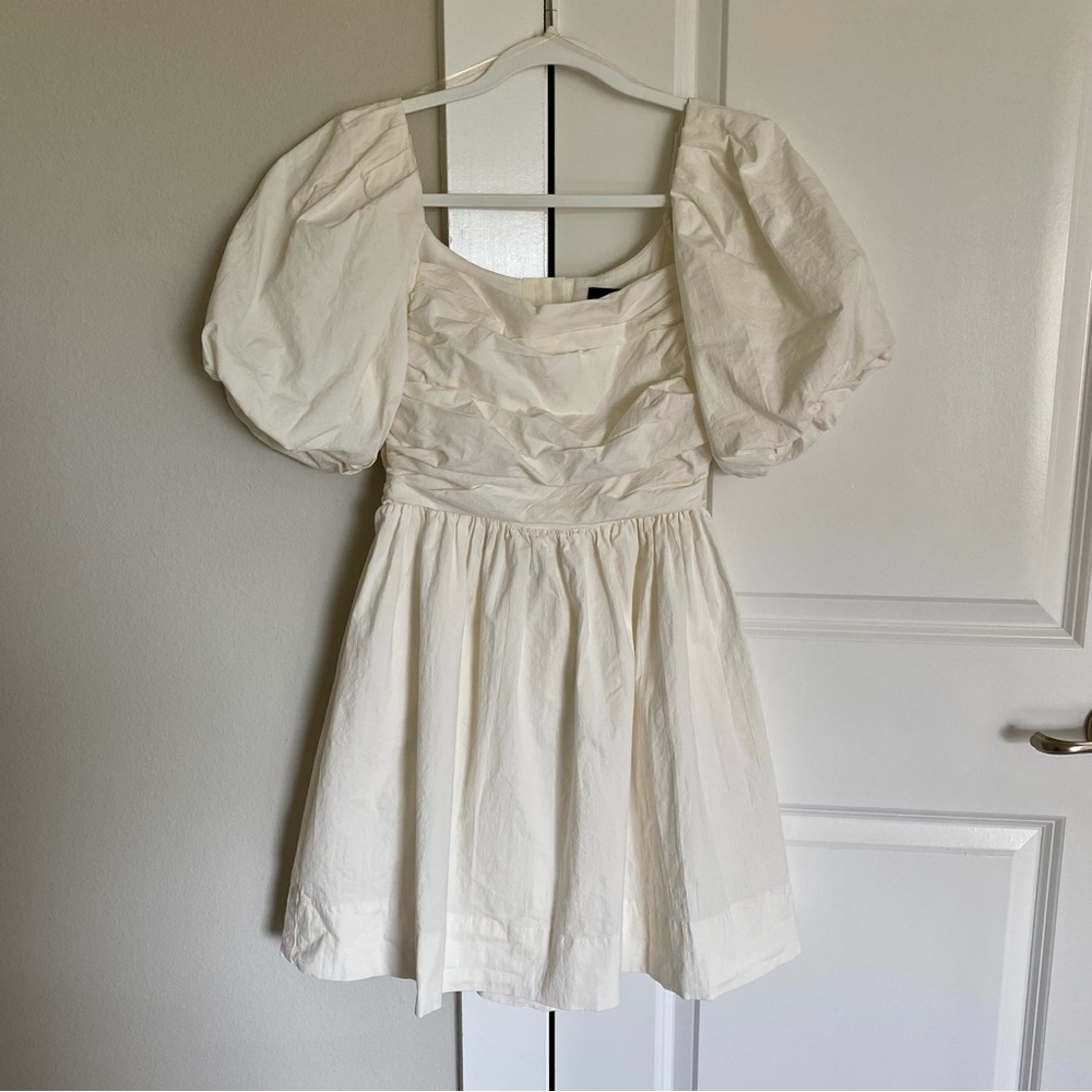 DO+BE Square Neck Bridal Party Pleated Open Back Puff Half Sleeve A-line Dress